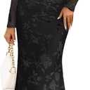 MEROKEETY Women's 2026 Spring Wedding Guest Maxi Dress Long Sleeve Bodycon Floral Mesh Fall Cocktail Formal Party Dresses (Black) S