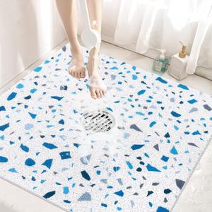 Square Shower Mats Non Slip: 3232 Inch Large Anti Slip Shower Mats for Inside Shower with Drain Hole in Middle, Soft PVC Loofah Bath Mats for Shower for Elderly and Kids (Blue Terrazzo)