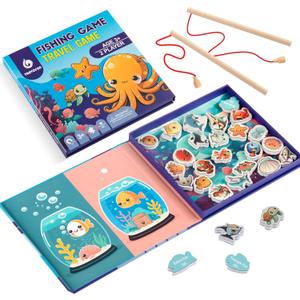 Magnetic Fishing Game for Toddlers -Travel Toys 3-5 Airplane Essentials - Mess-Free Camping & Car Trip Activity - Wooden Learning Toy with 27 Fish