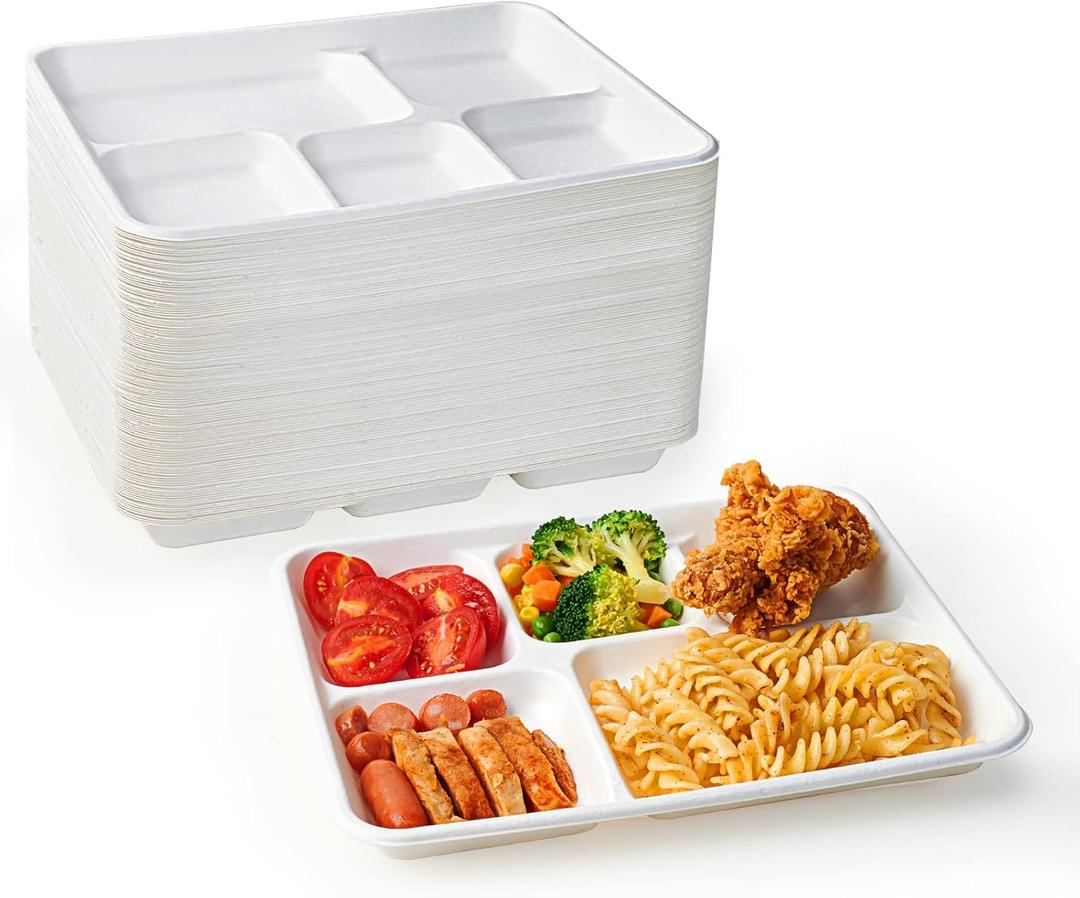 ECOLipak 100% Compostable 5 Compartment Plates, 125 Pack Disposable Paper Plates, Heavy-Duty Biodegradable Sugarcane Plates, Eco-Friendly School Lunch Trays (10.25*8.25 inch)