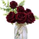Fake Flowers with Vase, Artificial Velvet Roses Faux Plant Flower Arrangement Suitable for Home Office Living Room Kitchen Decoration, Coffee Table Dining Table Centerpiece Decor (Burgundy)
