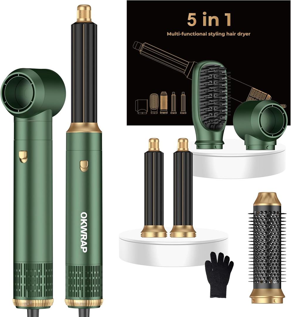 5 in ONE Hair Dryer Brush, Blow Dryer Curling Wand Hair Styling Tools Set, Ionic Hot Air Brush Round Brush Blow Dryer, Left&Right Styler 100-120V (Green)