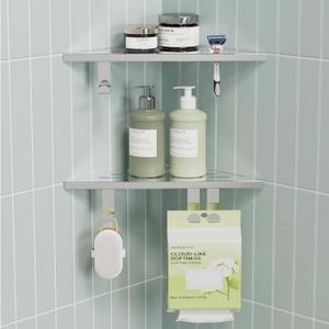 10 Shower Corner Shelf, Stainless Steel Shower Shelves with Razor Hole for Bathroom, Grout in Corner Shelf with Hooks for Tiled Wall 2 Pack, Polished