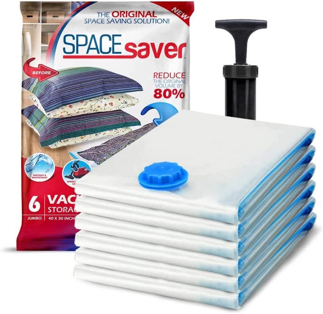 Spacesaver Premium Vacuum Storage Bags. 80% More Storage! Hand-Pump for Travel! Double-Zip Seal and Triple Seal Turbo-Valve for Max Space Saving! (Jumbo 6 Pack)