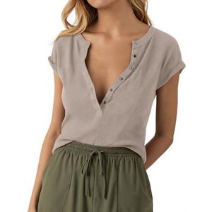 Tankaneo Women Deep V Neck Low Cut Tops Casual Ribbed Knit Henley T-Shirts Summer Short Sleeve Tees S