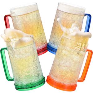 4 Pack Freezer Beer Mugs, Double Wall Gel Frosty Freezer Ice Mugs, Plastic Beer Mugs With Handles for Parties and Gifts, 16oz (Blue, Red, Orange and Green)