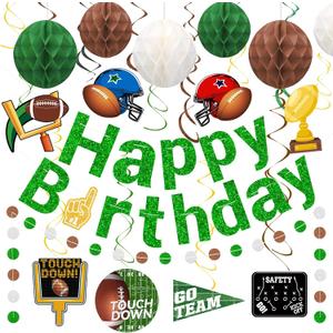 Football Happy Birthday Banner | Pre-strung Football Theme Party Banner, Hanging Swirl Touch Down Honeycomb Balls | Birthday Party Supplies Touchdown Banner Decor