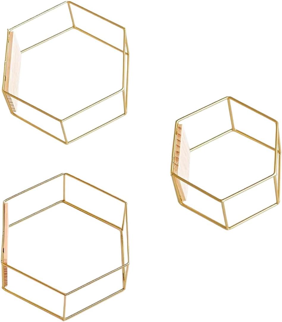 Hexagon Floating Shelves 3-Pack (6.7-11in) | Decorative Wall Mounted Hexagon Shelf, Multi-Use Geometric Metal Shelving for Living Room, Bedroom, Kitchen, Office