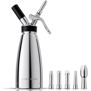 Whipped Cream Dispenser Stainless Steel Keep Warm and Cold,500mL/1 Pint Double Wall Thermos Whipped Cream Maker,5 Various Stainless Decorating Nozzles,1 Cleaning Brush,N2O Chargers NOT Included
