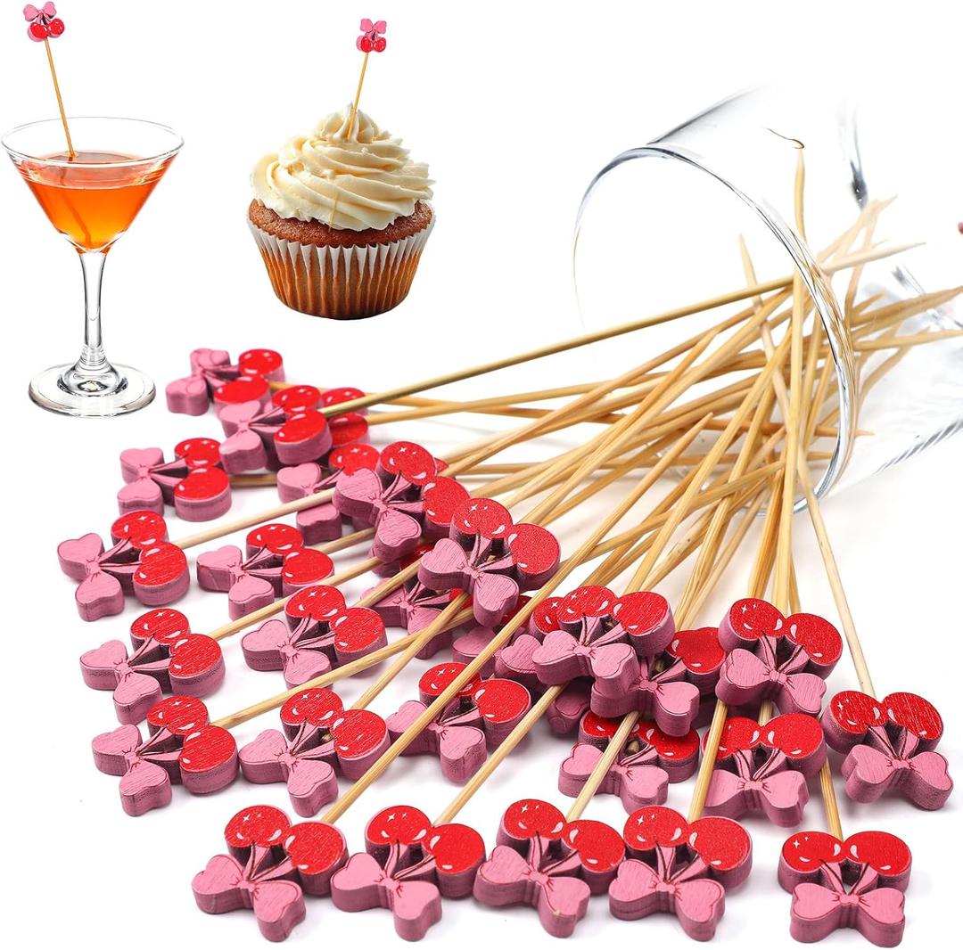 Tioncy 100 Pcs Cherry Bow Cocktail Picks Swizzle Stick Toothpicks 4.72 Inch Long Bamboo Fancy Toothpicks for Appetizers Drinks Birthday Bridal Wedding Baby Shower Party Decoration (Pink, Red)