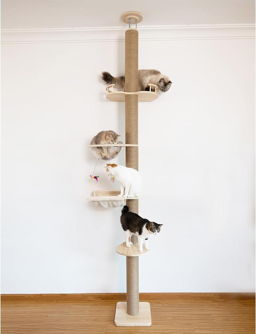 Floor-to-Ceiling Cat Tree with Natural Sisal Rope Scratching Post - Adjustable Height (55-119 Inches) - Modern Cat Activity Tree, Cat Scratcher Post