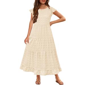 HOSIKA Girls Maxi Dress Boho Swiss Dot A-Line Tiered Casual Party Dresses (Beige)