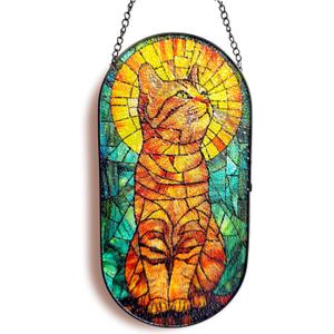 Stained Glass Ginger-Cat Suncatcher Window Hanging, 10.2"x5.1" Oval Handcrafted Glass Panel, Sun Catcher Indoor Outdoor Decor Gifts for Mom Grandma Cat Lovers