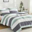 Litanika Oversized King Comforter Set Sage Green 128x120-3 Pieces Lightweight Green White Colorblock Stripe Fluffy Bedding Comforter Sets, All Season Bed Set, Super King Plus
