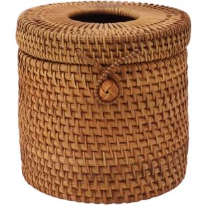 2 x Rattan Woven Cylinder Tissue Box Cover - Boho Decorative Round Tissue Holder for Bathroom, Living Room, Coffee Table, Bedroom (Cylinder Style)