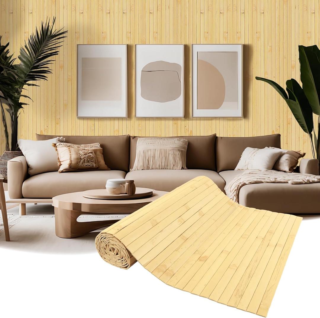 Natural Bamboo Wall Panel Covering Roll, Flexible Pole Wrap Wainscoting Interior Wall Cladding Panel for Kitchen Island, Ceiling Tile, Bedroom, Living Room Decor (16" H x 96" L, Natural)