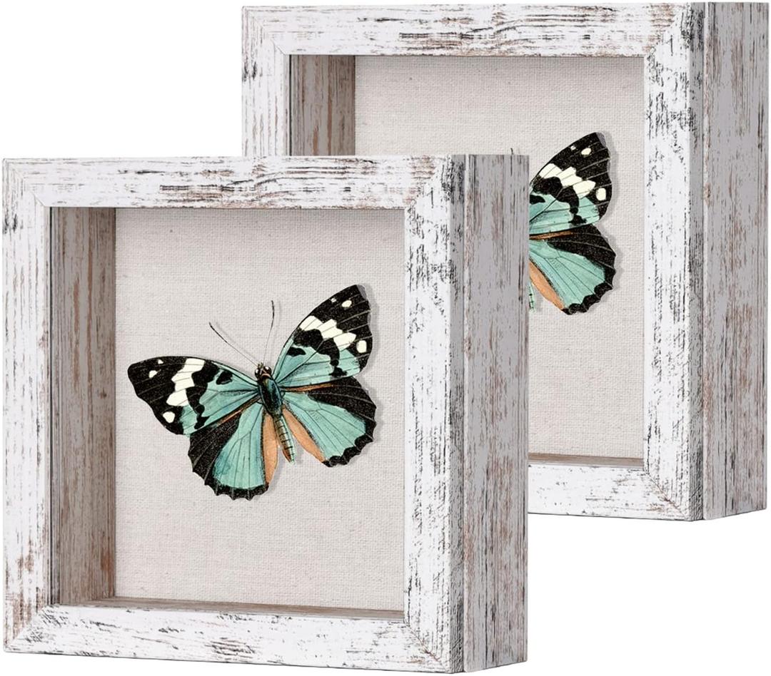 2 Packs 5x5 Shadow Box Frame with Linen Back - Sturdy Rustic Memory Display Case of Flower, Pictures, Medals and More, Distressed White