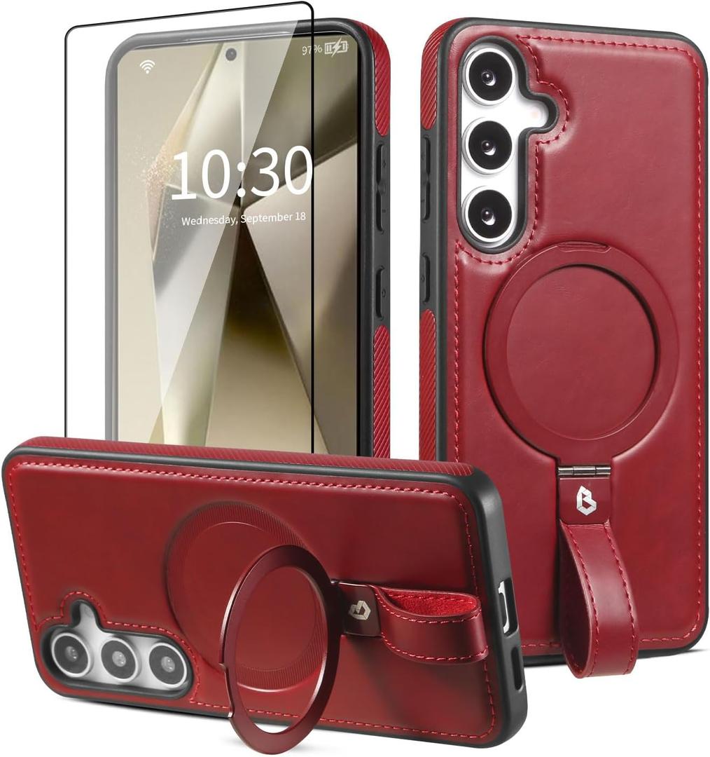 Samsung Galaxy S25 Case with Stand, Anti-Slip Shockproof Ring, Compatible with MagSafe, Magnetic Protective Holster with Camera Lens and Screen Protector (Wine, S25) (Burgundy)