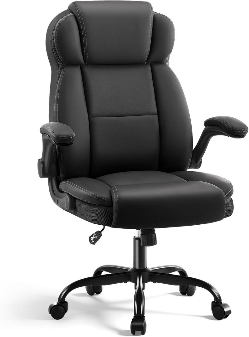 Ergonomic Office Chair with High Back Headrest, PU Leather Executive Desk Chair - Padded Flip-Up Armrests, Lumbar Support, Swivel Computer Chair for Home Office & Gaming, Black