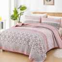 WONGS BEDDING Boho Quilt Set Queen, Bohemian Pink Striped Patchwork Bedspread Coverlet Set with 2 Pillowcases,Lightweight Microfiber Floral Bedding Set 96"90"