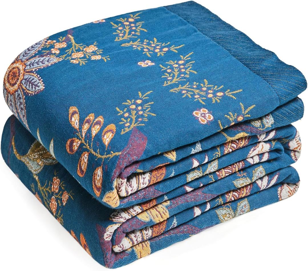 Boho Throw Blanket - 100% Cotton Ultra Soft Muslin Summer Blanket, 50"x60" Lightweight Floral Butterfly Framhouse Bedding Blanket for Bed, All Season Blue Bohemian Bedroom Home Decor Quilt, Secret Garden