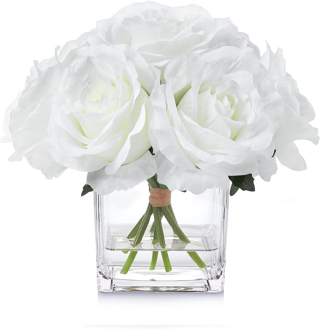 7 Large Stem Rose Artificial Flowers in Vase, Silk Floral Arrangement in Vase with Fake Water for Home Decor, Wedding Table (Cream)