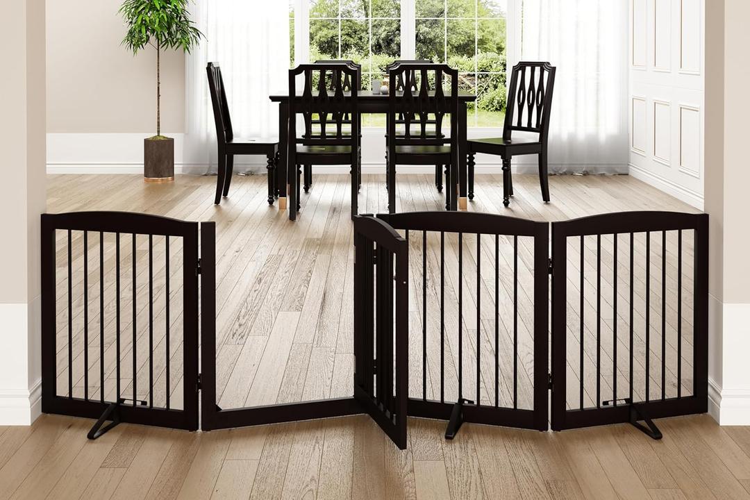Freestanding Dog Gate with Door, Pet Gate for Stairs, 80 inch Wide Pet Barrier Indoor, Dog Fences Indoor, Support Feet Included, 4 Panels, 24" Tall, Dark Brown