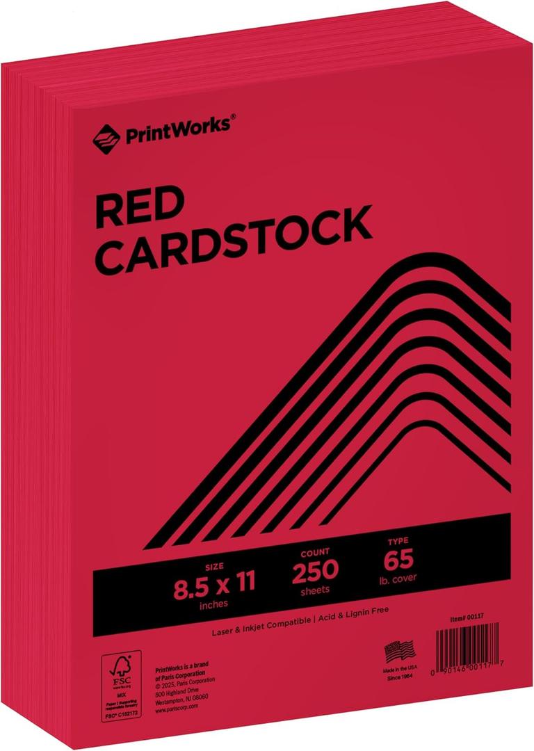 PrintWorks Bright Red Colored Cardstock 8.5 x 11 - 65 lb/176 gsm - 250 Sheets - Made in the USA - FSC Certified - Acid-Free & Fade-Resistant - Printer & Cut Machine Compatible (00117)