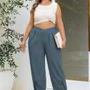 AOVDE Womens Plus Size Palazzo Pants Baggy Wide Leg Pants Elastic Crossover Waist Pleated Front Trousers with Pockets (Blue)