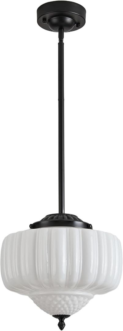 Schoolhouse Pendant Light, 12" Black Schoolhouse Ceiling Light Fixture with Milk Glass White Shade, Adjustable Height, Mid Century Modern Pendant Lighting for Kitchen Island Dining Room