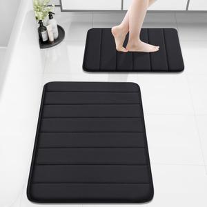 Buganda Bathroom Rug and Mat Set, 2 Piece Memory Foam Bath Mat Set, Machine Wash Dry, Soft Non Slip Absorbent Bath Rug for Bathroom, Shower and Tub (30" x 20"+24" x 16", Black)