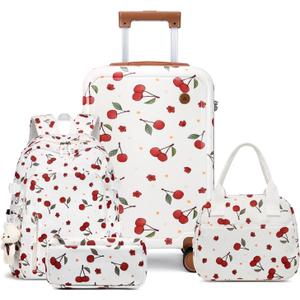 Somago 4 Piece Kid's Luggage with Backpack Set for Boys Girls Spinner 18" Hardside PC Rolling Carry on Suitcase with TSA Lock (Cherry White)