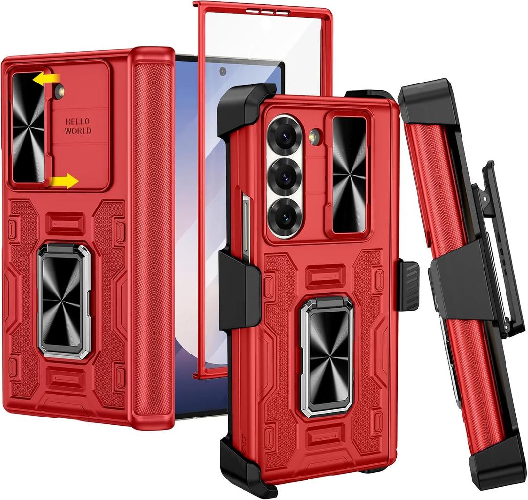 VEGO for Galaxy Z Fold 6 Case with Belt Clip Holster, 360Ring Magnetic Kickstand & Camera Cover & Front Screen Protector & Hinge Protection Shockproof Cover for Z Fold 6 - Classic Red