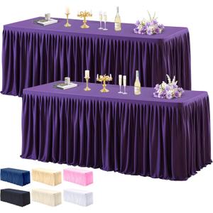 2 Pack Purple Tablecloths for Rectangle Tables 6ft, Wrinkle Resistant Spandex Table Cover Fitted Stretch Table Cloth with Pleated Ruffle Skirts for Party Banquet Dining Birthday Wedding