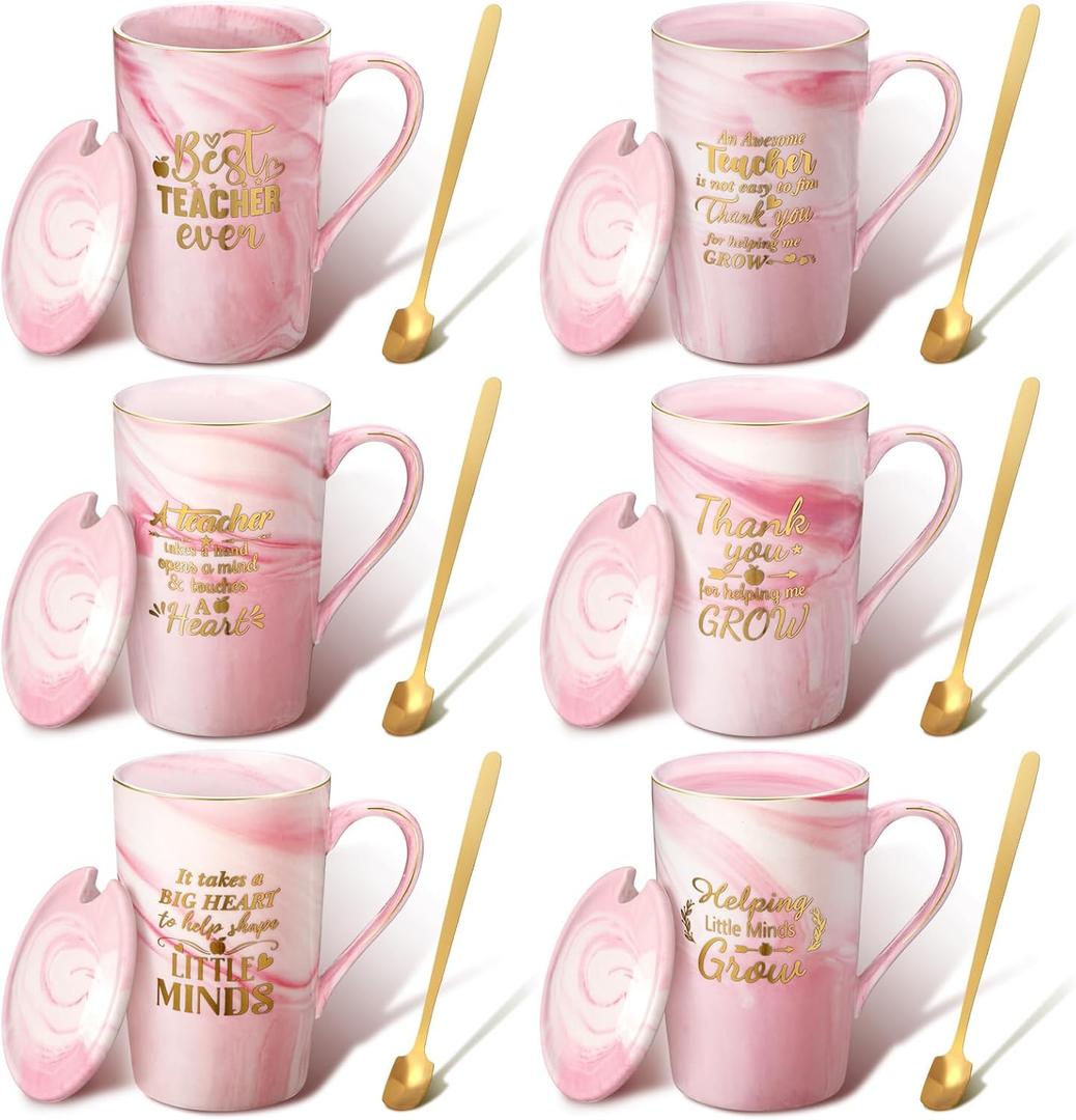Sliner 6 Pcs Teacher Appreciation Gifts 3.9 x 3.6 Inches Thank You Teacher Cup Marble Coffee Mug with Spoon Lid Box for Women Men Birthday Christmas, 14 oz