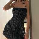 Polka Dot Halter Mini Dress for Women Y2k Sleeveless Ruffle Hem Backless Mini Dress Vintage Streetwear Summer (Black, XS)