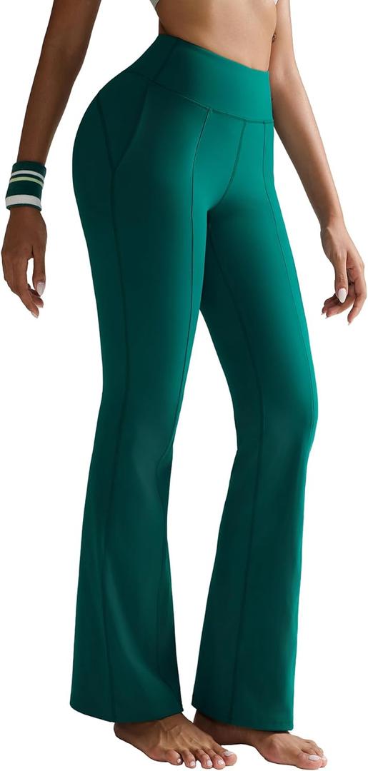 RUNNING GIRL Flare Pants with Pockets, High Waist Yoga Pants Buttery Soft Bootcut Wide Leg Leggings for Women (Green, L)