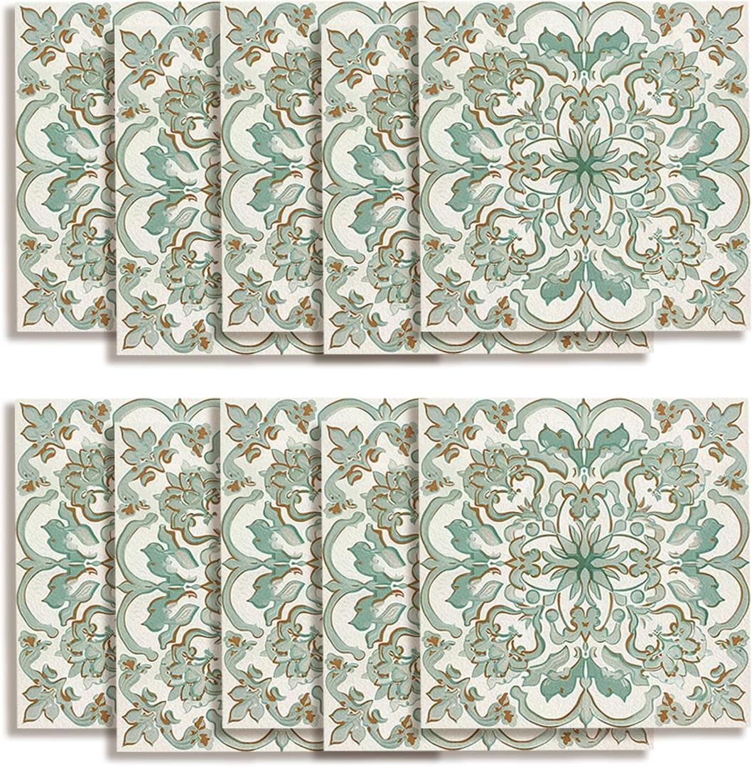 AM AMAONM 10pcs 20x20cm Removable Square Vintage Floral Pattern Tile Stickers 3D Decorative Peel and Stick Vinyl Self Adhesive Wall Tiles Decor Decals for Kitchen Backsplash Bathroom Furniture (A)