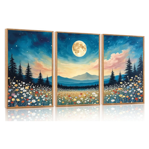 HOURIA 3Pcs Nature Mountain Forest Landscape Canvas Wall Art (16"x24"), Abstract Mystical Moonlight Wildflowers Wall Decor,Framed Colorful Wilderness Field Botanical Art Print for Bedroom Office Living Room Farmhouse, Multicolored