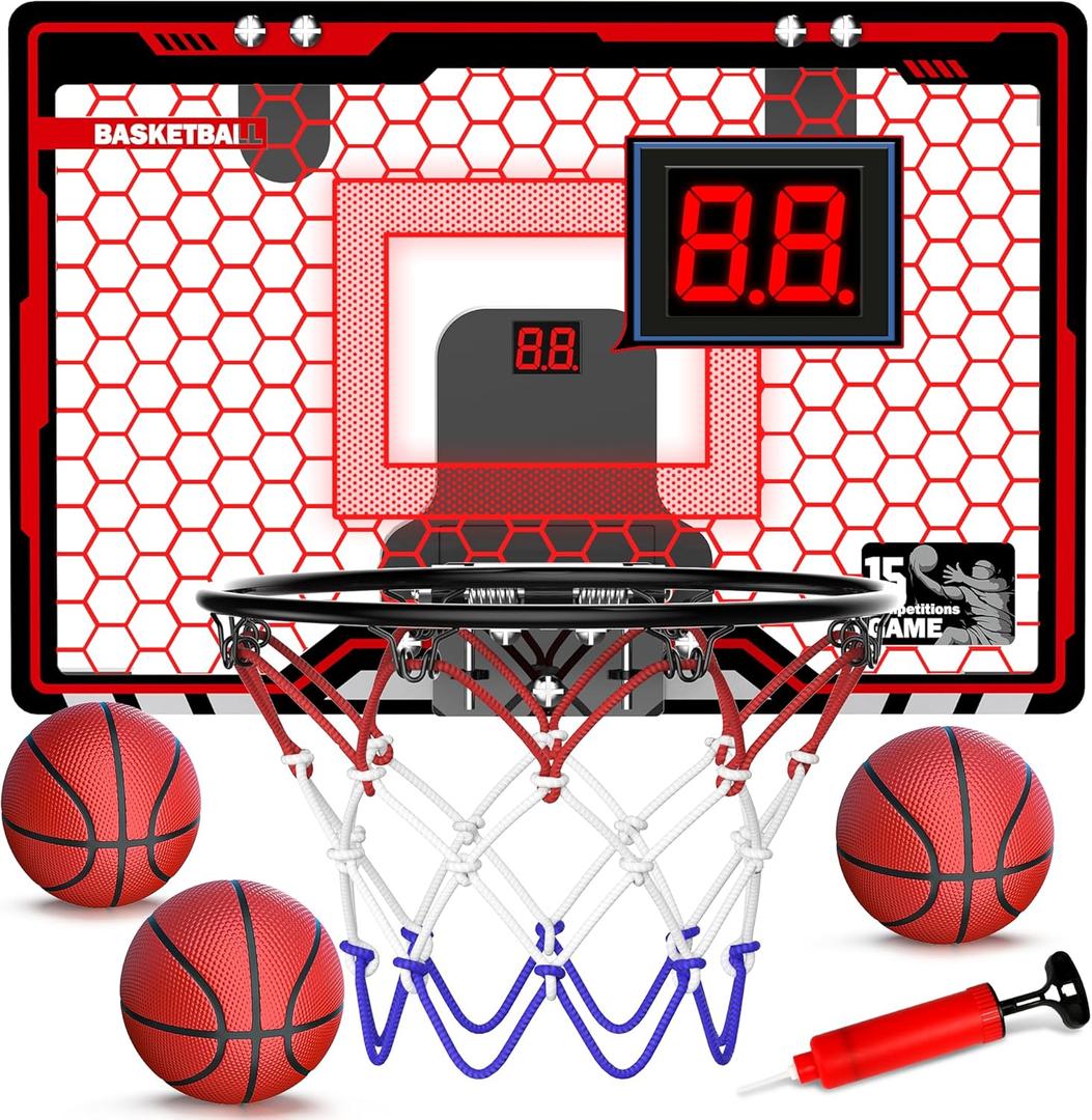 HopeRock Indoor Basketball Hoop, Over The Door Mini Basketball Hoops for Kids, with LED Light and Scoreboard, Birthday Gifts for 5 6 7 8 9 10 11 12 Years Old Boys Girls, Sports Toys