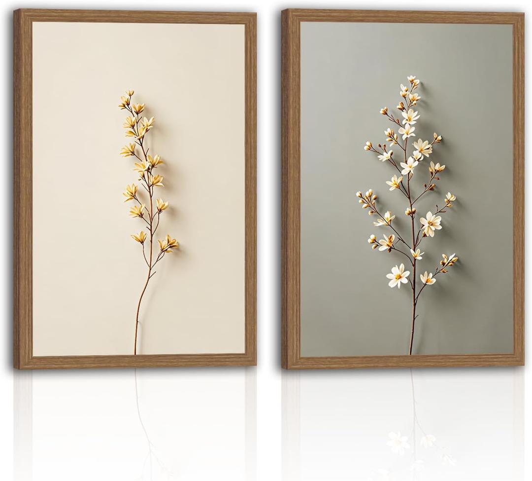 2Pcs Framed Canvas Art Prints –Elegant Floral Branches on Soft Backgrounds Inches – Minimalist Wall Decor for Living Room Bedroom or Office 16x24in