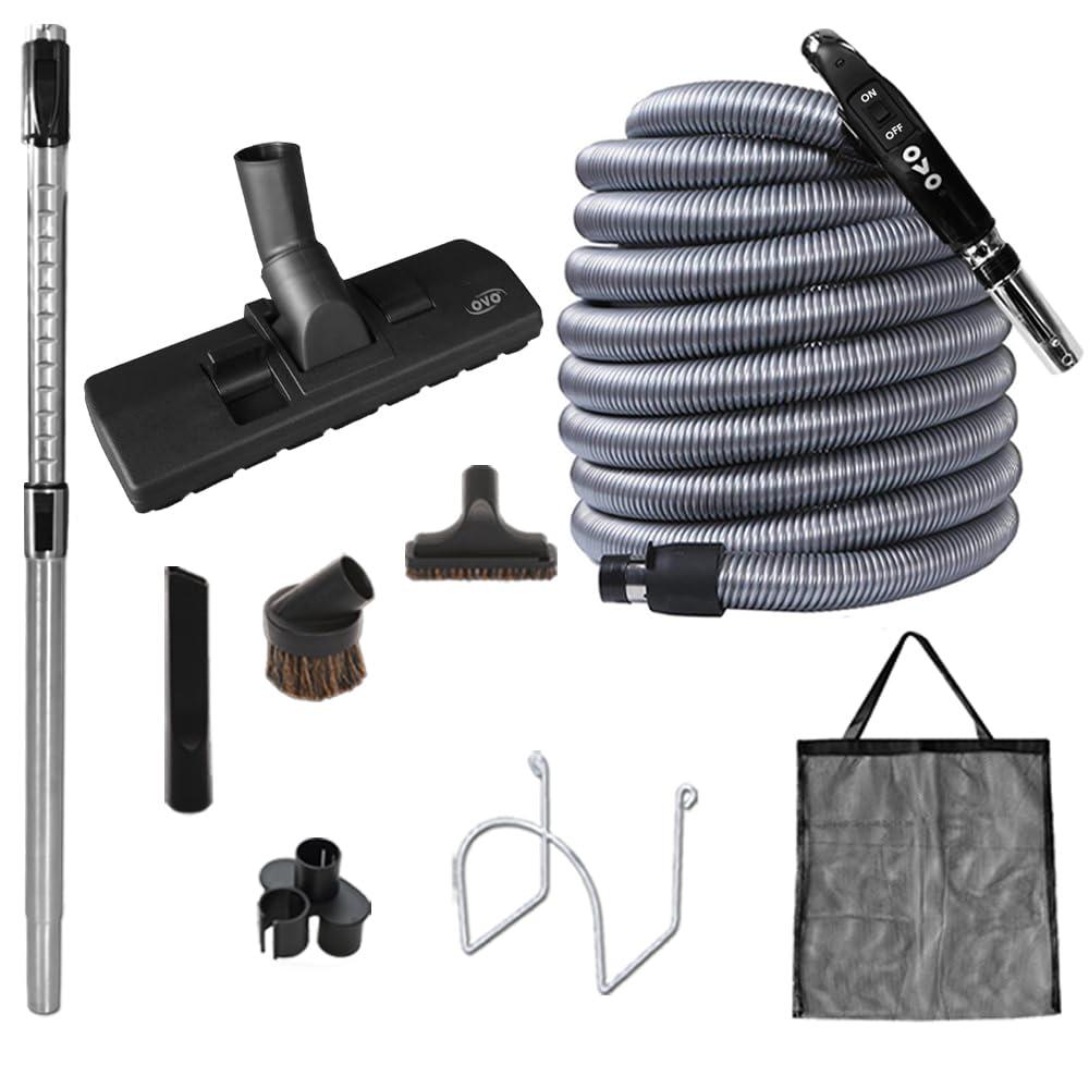 OVO Central Vacuum Standard Kit, with 50ft Low-Voltage Hose, ON/Off Control at The Handle, 12 Combo Brush and Accessories, for Hard Surfaces and Carpets, B 50', Black,KIT-LV50S