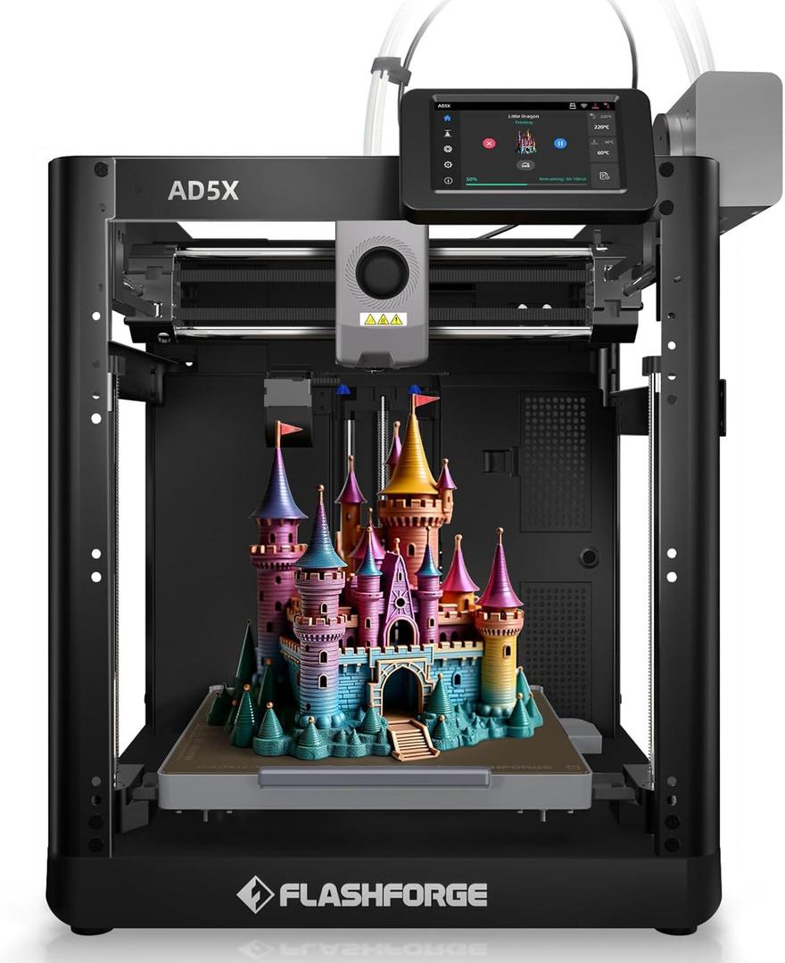 FLASHFORGE AD5X Multi-Color 3D Printer with IFS, 600mm/s High Speed, 300C High Temp Direct Extruder, Fully Auto Leveling, All Metal CoreXY,4-Color Printing for PLA-CF,PETG-CF, 220x220x220mm