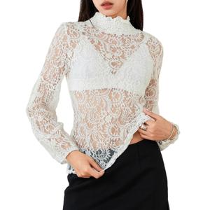 Women's Long Sleeve Floral Lace Top Sexy See Through High Neck Slim Fitted T Shirt Y2k Going Out Sheer Blouse, L