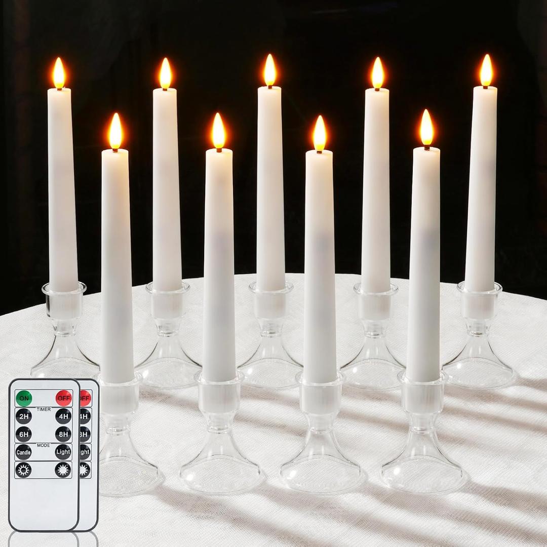 Raycare Pack of 9 Flameless Taper Candles Battery Operated, Led Candle Sticks Warm Flickering, 6.7 Inches Taper Candlesticks with Holders, LED Window Candles with Remote Timer (Batteries not included) (White)