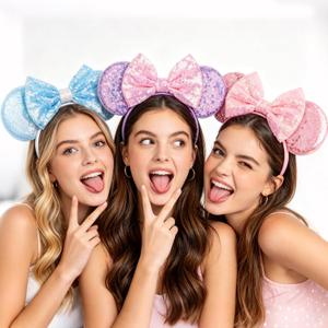Mouse Ears Headband for Princess, Pink Ears for Women Halloween Costume, Sequin Bows Headwear Hair Accessories - Pink&Blue&Purple