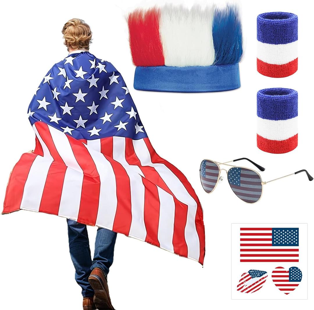 American Flag Cape Costume, 4th of July Outfits Set Patriotic Headband Glasses Sticker Wristbands Patriotic USA Party Accessory 4th of July Independence Day Accessories