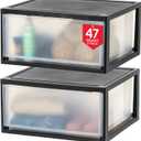 IRIS USA 47 Qt. Plastic Drawer Storage Organizer Stacking Drawers, 2-Pack, Stackable Unit with Sliding Drawer for Clothes Bedroom Kitchen Under Sink Pantry Craft Room Bathroom Dorm Office, Black