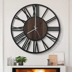 LEIKE Large Wall Clocks for Living Room, Silent, Non Ticking, Battery Operated Oversized Vintage Round Modern Wood Wall Clock for Bedroom, Farmhouse, Office Home Decor-24 Inch(Black-Roman Numerals)