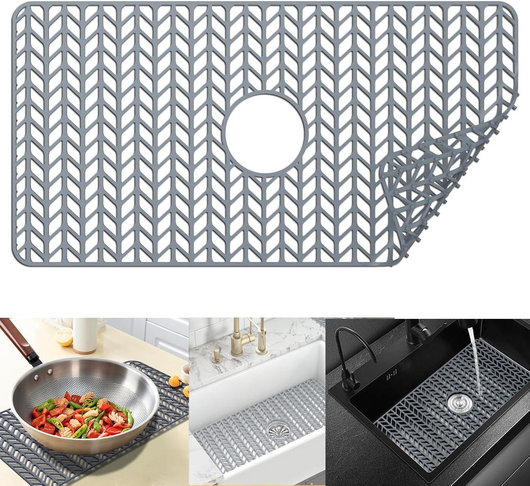 Sink Protectors for Kitchen Sink 12" 13" 16" 18" 19" 24" 26" 28" 29" 30",Silicone Kitchen Sink mats Protector for Bottom of Farmhouse(29.7"x15.5" Center) (Gray)